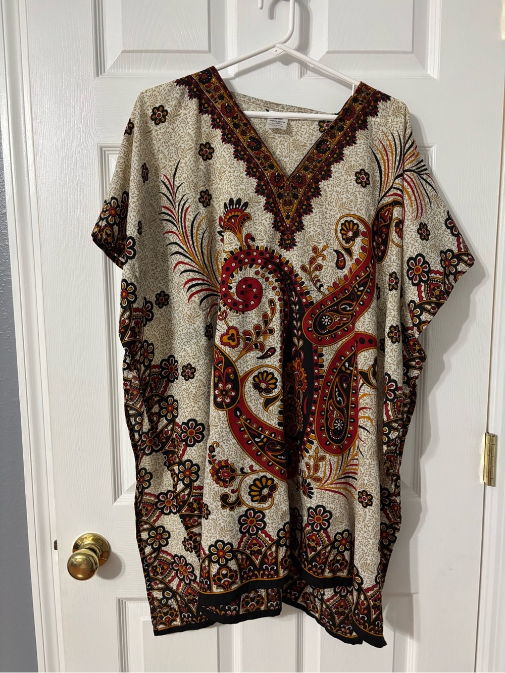 Neutral Paisley V-Neck Tunic with Red & Gold Accents